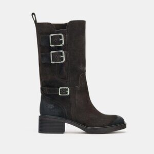 Zara Buckled Biker Boots Split Leather Dark Brown Round Toe EU 40